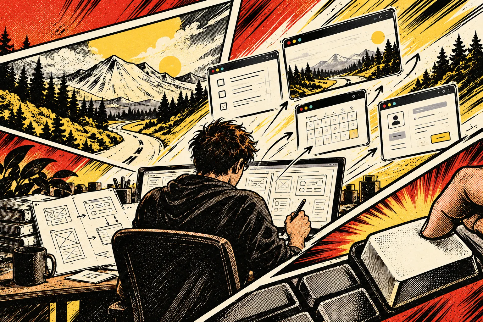 Comic illustration of an independent maker turning sketches into software.